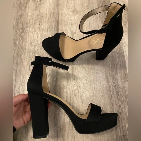 Athlefit Black High Heels Platform Block Heel Chunky Faux Suede Ankle Strap 7.5 - Picture 3 of 16